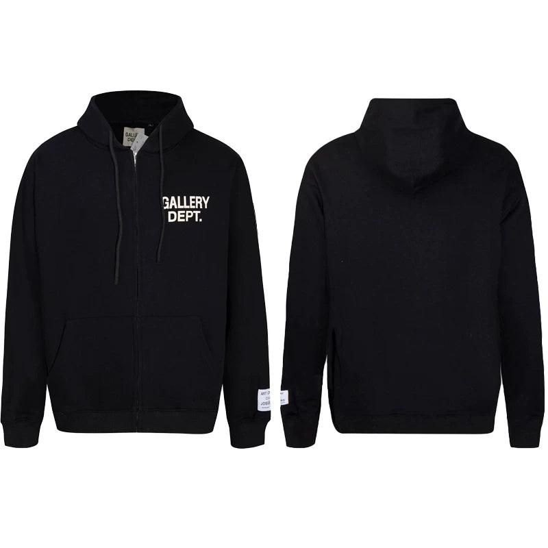 Gallery Dept Solid Black White Logo Full Zip Up Hoodie
