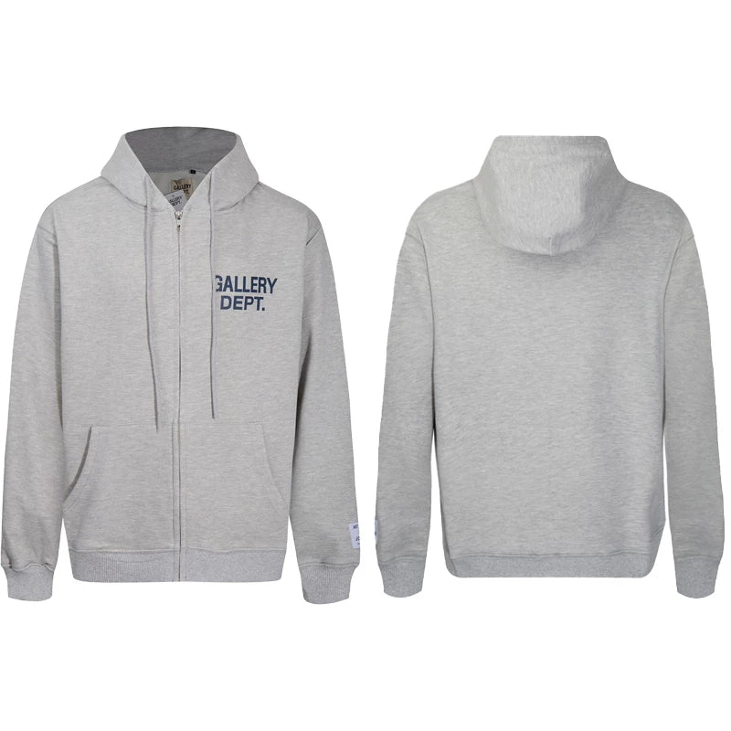 Gallery Dept Heather Grey Navy Blue Logo Full Zip Up Hoodie